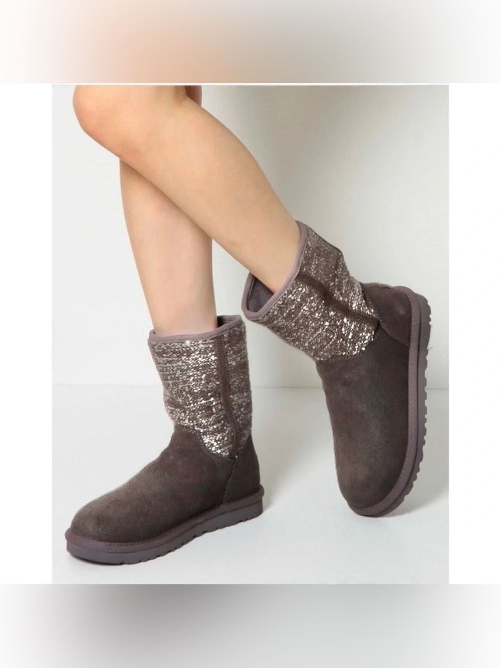 UGG Women's Lyla Leather / Knit Sequin Embellished Snow Boots Lilac Gray Size 7